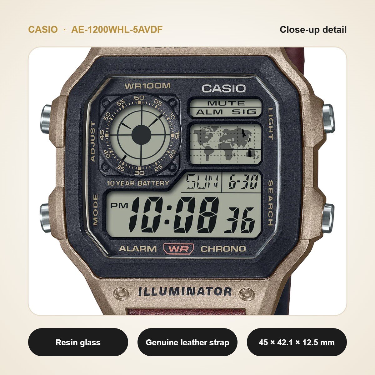 Casio AE-1200WHL-5AVDF close-up detail