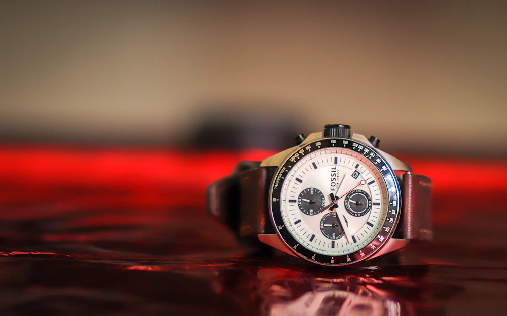 Chronograph watch with brown leather strap