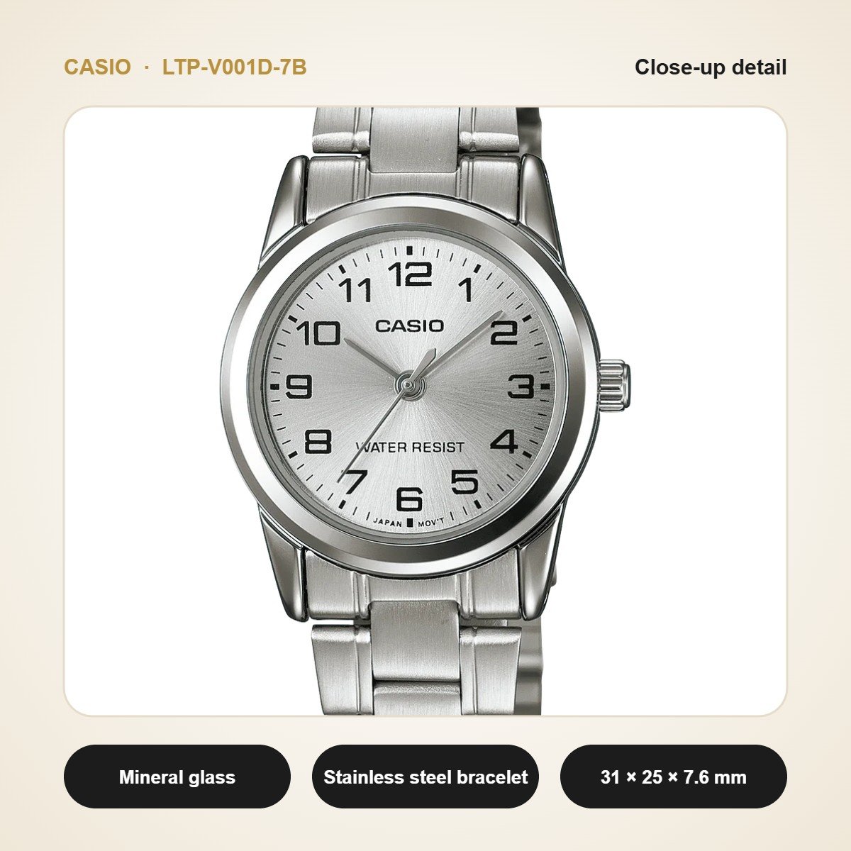 Casio LTP-V001D-7B close-up detail