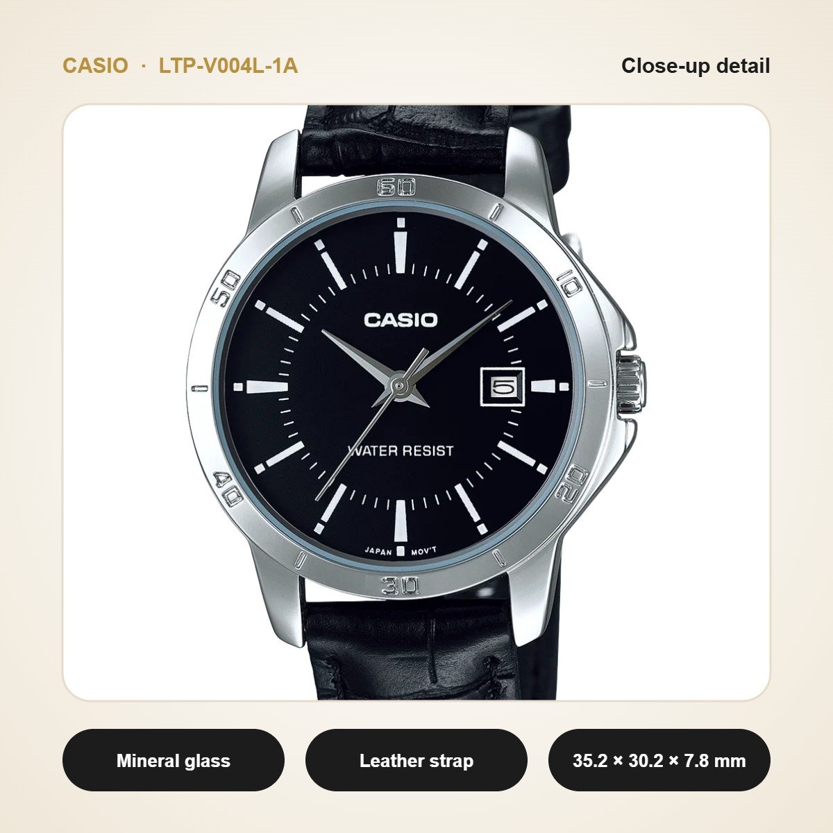 Casio LTP-V004L-1A close-up detail