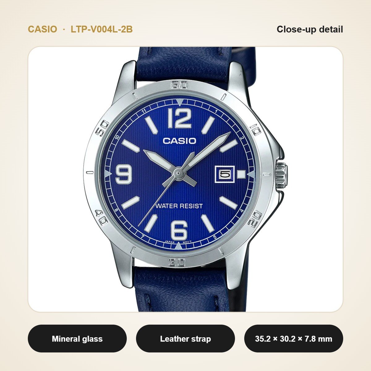 Casio LTP-V004L-2B close-up detail
