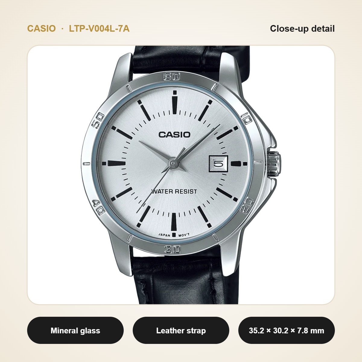 Casio LTP-V004L-7A close-up detail