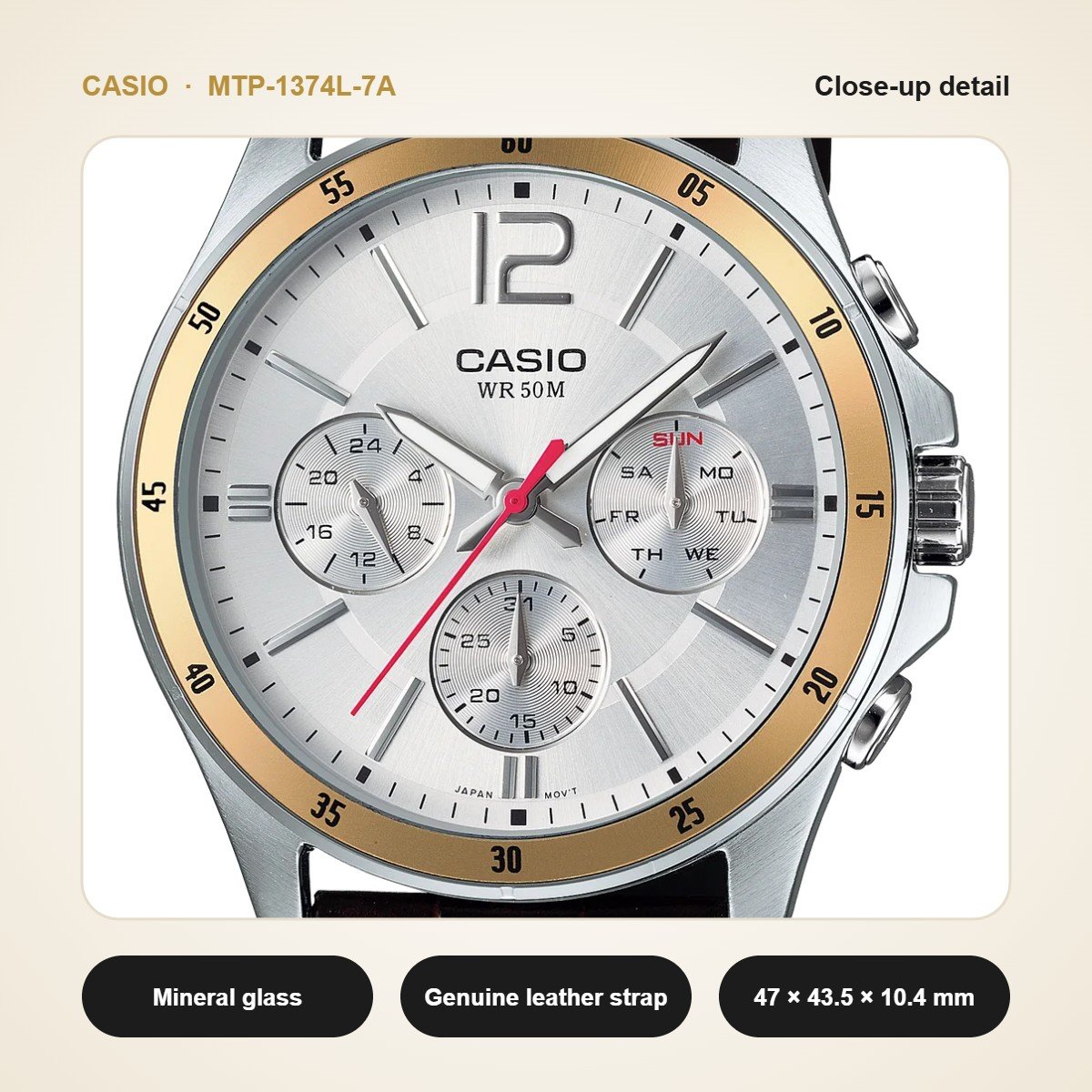 Casio MTP-1374L-7A close-up detail