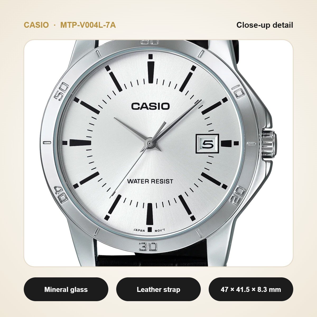 Casio MTP-V004L-7A close-up detail