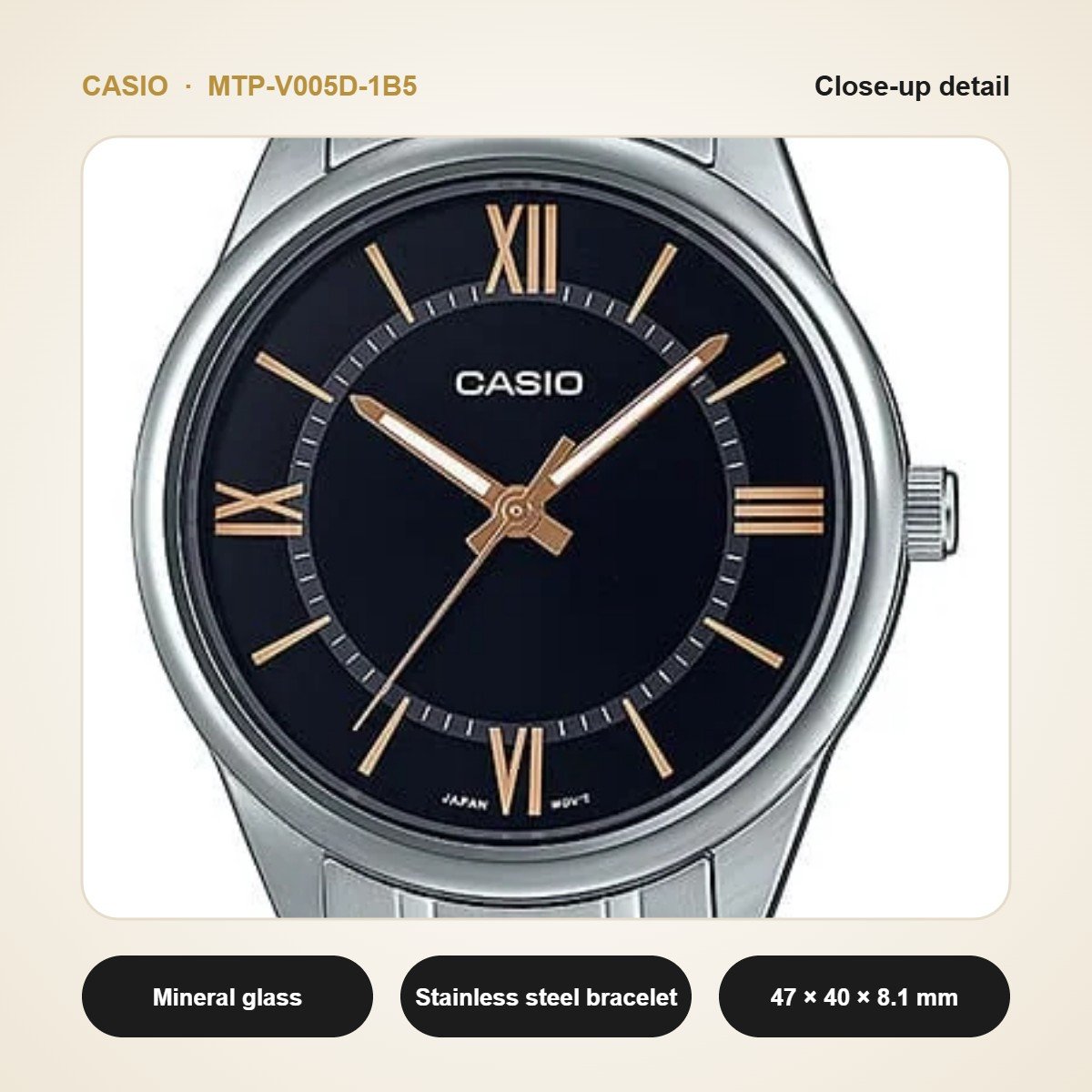 Casio MTP-V005D-1B5 close-up detail