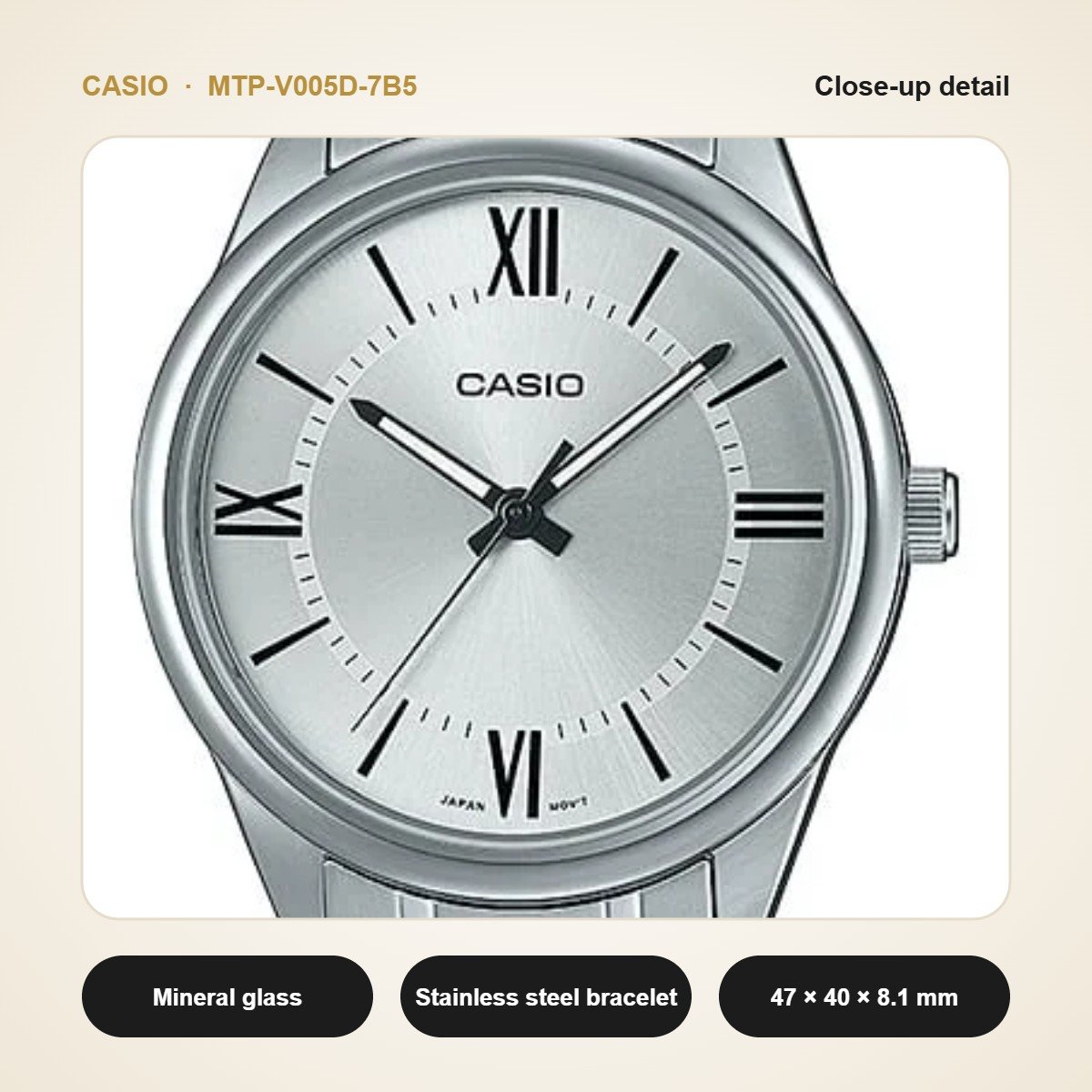 Casio MTP-V005D-7B5 close-up detail