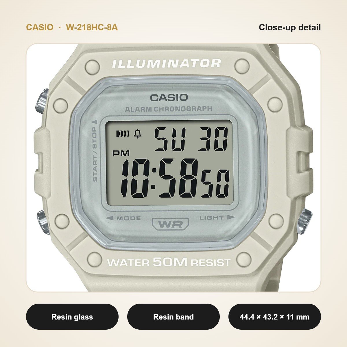 Casio W-218HC-8A close-up detail