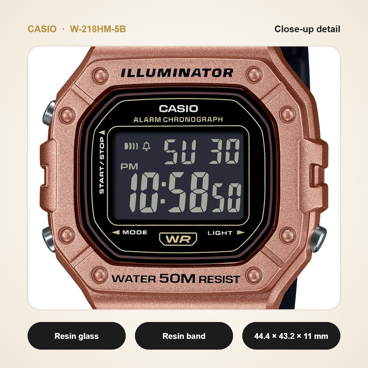 Casio W-218HM-5B close-up detail