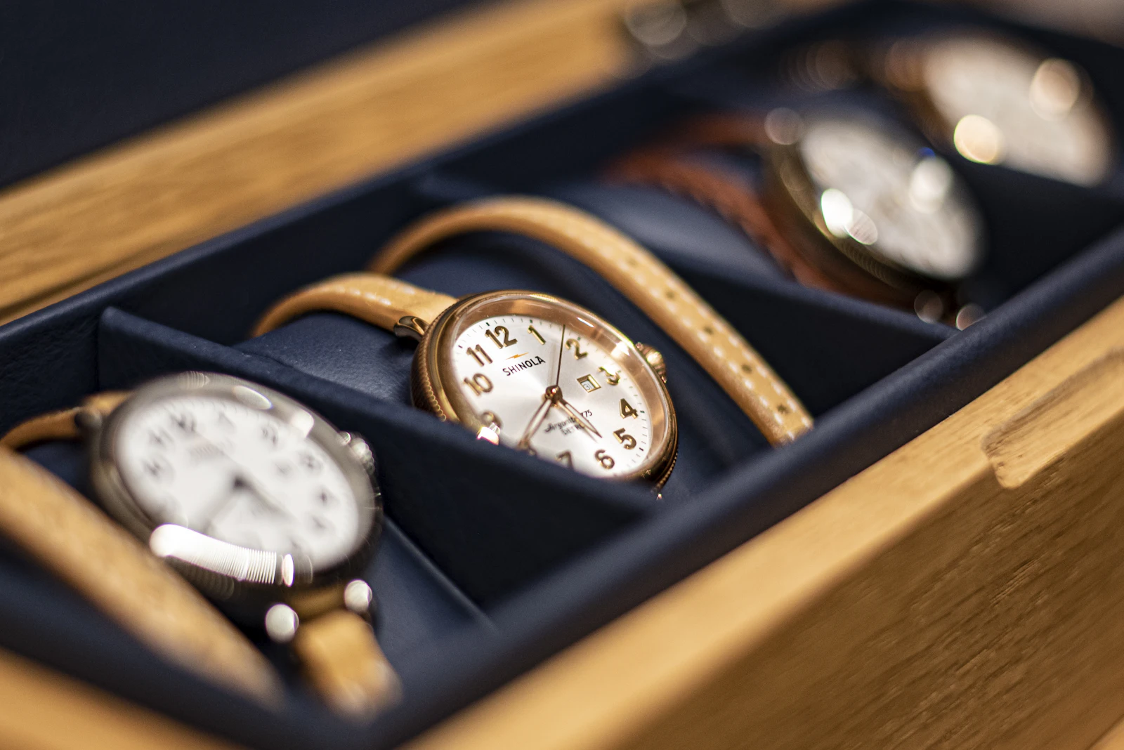 Collection of watches in a display box
