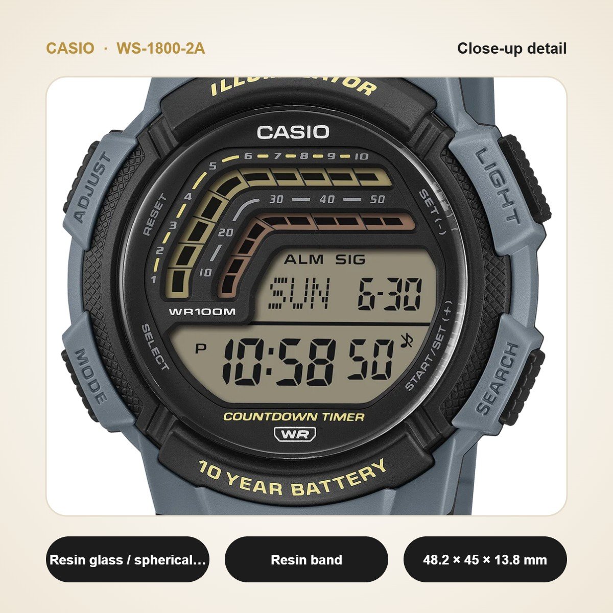 Casio WS-1800-2A close-up detail