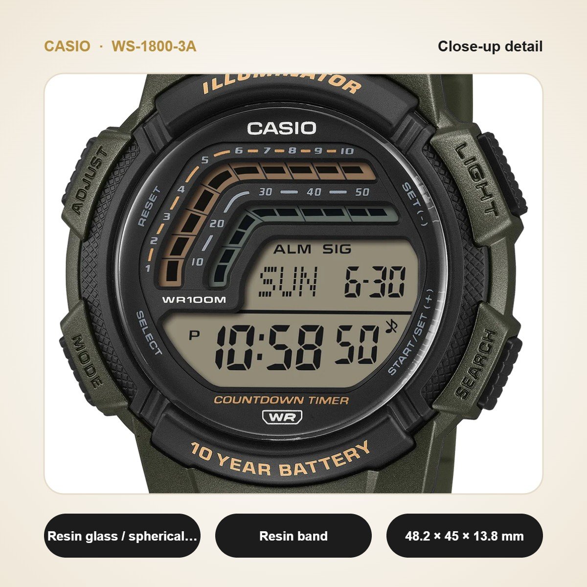 Casio WS-1800-3A close-up detail